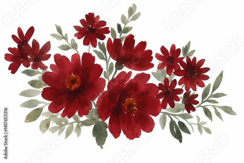 Crimson Bloom, A collection of stunning crimson flowers arranged in a delicate floral composition, exuding the beauty of botanical art and artistic design.