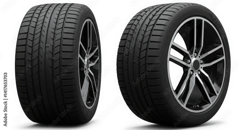 Obraz premium Realistic rendering of a car tire with detailed tread and alloy wheel on white background