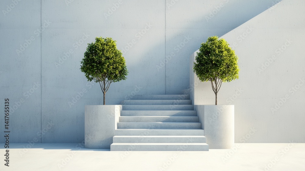 Fototapeta premium Modern Minimalist Stairs with Potted Trees in Bright Interior Space