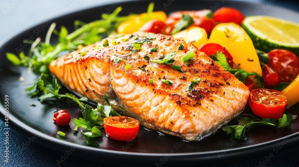 Two grilled salmon steaks with roasted potatoes and herbs on a white plate, creating a healthy and delicious seafood dish. Two grilled salmon steaks with roasted potatoes and herbs on a white plate, creating a healthy and delicious seafood dish.