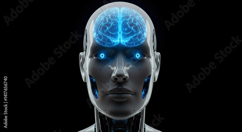 Front view of an android, with transparency head shows it brain glowing in blue light
