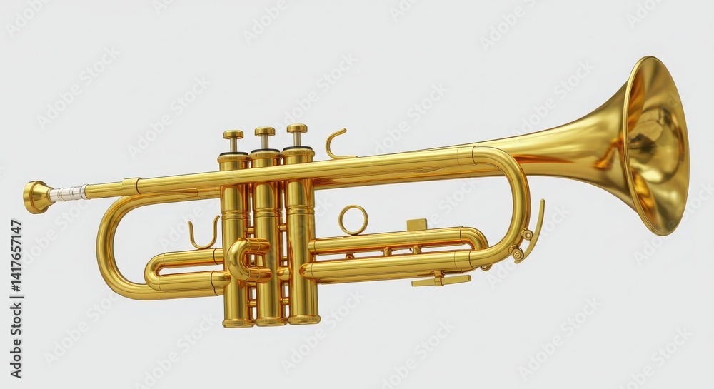 Obraz premium A photorealistic 3d rendering of a golden trumpet with a polished brass body and ornate design, highlighted under studio lighting for a showcase of precision craftsmanship and classical elegance.