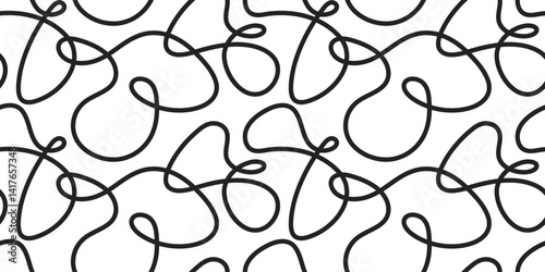 Seamless pattern with geometric memphis elements. Horizontal abstract white background in retro 80s, 90s style with various black wavy doodle lines. Modern wallpaper. Vector illustration