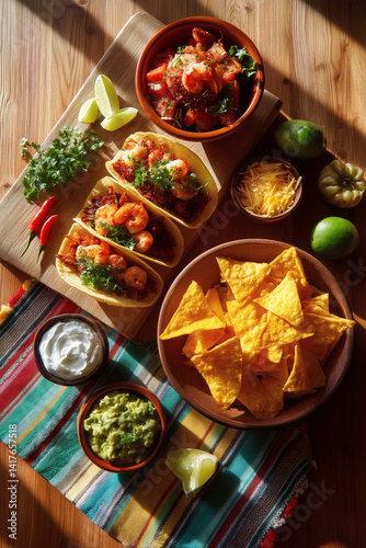 Wallpaper Mural Delicious spread of shrimp tacos, nachos, sauces, and dips. A vibrant culinary delight. Enjoy the feast! Torontodigital.ca