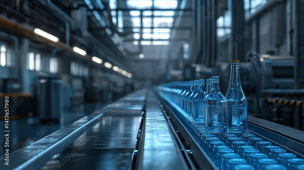A mesmerizing journey of glass bottles on a sleek factory conveyor belt, flowing under cool blue light in a modern industrial setting. A mesmerizing journey of glass bottles on a sleek factory conveyor belt, flowing under cool blue light in a modern industrial setting.