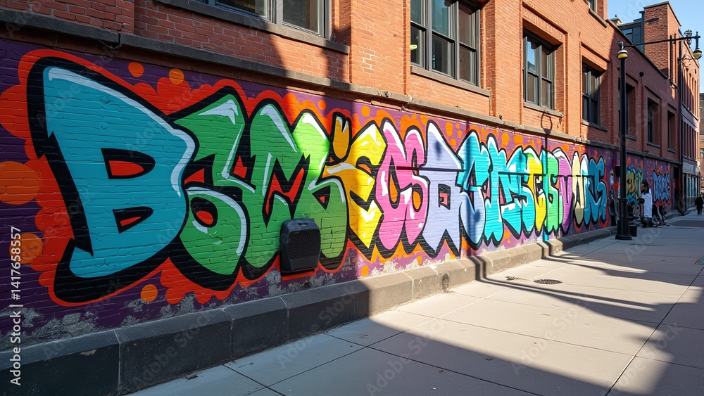Fototapeta premium Brick Building Wall with Colorful Graffiti Mural
