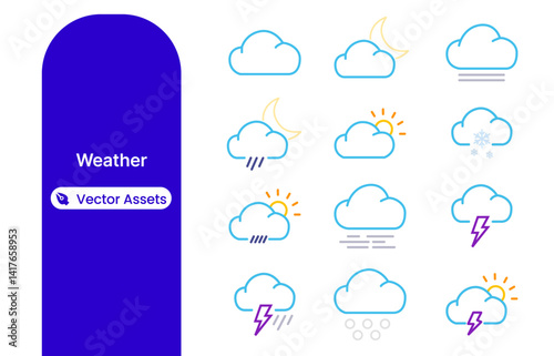 Modern vector illustration of weather icons and climate symbols, including sun, rain, cloud, storm, snow, and temperature. Designed in clean flat style, ideal for apps, forecast dashboards, climate in