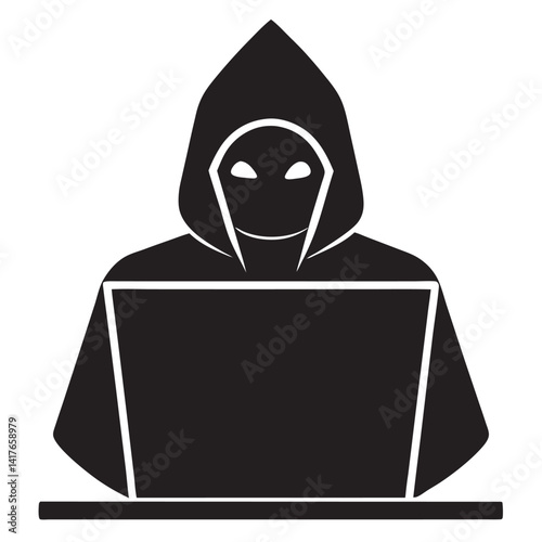 Hooded hacker silhouette sitting at compute