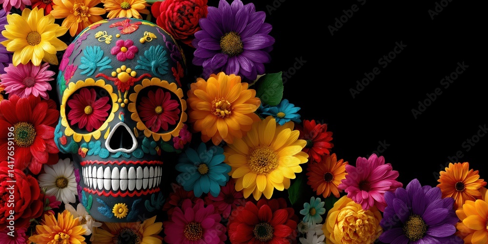 A vibrant sugar skull adorned with flowers, symbolizing cultural celebration, life, and death, exuding an artistic representation of tradition and remembrance during festivities.
