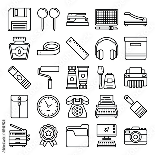 Office icons depict a workspace of tools equipment and technology essentials for productivity