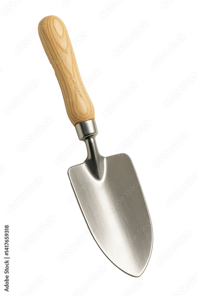 Realistic hand garden trowel with light wood handle and stainless steel blade isolated on transparent background for gardening, planting, and landscaping tools Realistic hand garden trowel with light wood handle and stainless steel blade isolated on transparent background for gardening, planting, and landscaping tools
