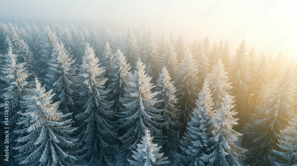 Obraz premium Aerial view of snow-covered evergreen forest during sunrise, serene winter landscape
