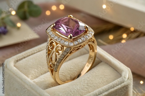 Exquisite Gold Ring with Vibrant Purple Gemstone on Velvet Display