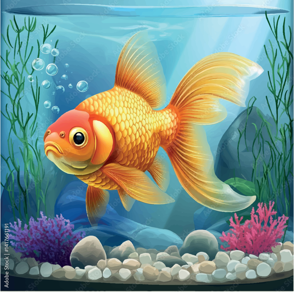 Naklejka premium illustration, fish, goldfish, animal, drawing, water, aquatic, aquarium, cartoon, vector, design, gold, marine, isolated, pet, tropical, sea, cute, nature, orange, tail, art, graphic, underwater,