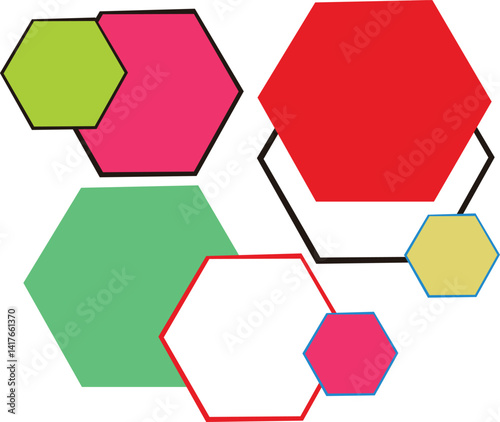 This vector image features various hexagon shapes with different sizes, colors, and lines