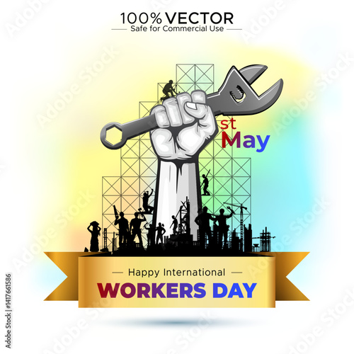 Happy Workers Day. Group of Labour and engineers stand together and celebrating International Workers Day.