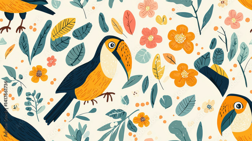 Fototapeta premium Tropical birds and flowers in vibrant hand drawn pattern