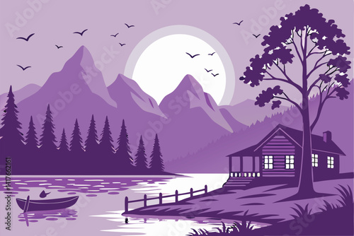 58 Purple mountain landscape, lakeside cabins, full moon, pine forest, reflective water, calm evening scene, wooden dock, small boat, silhouette of birds, ethereal light, gradient sky, cozy atmosphere