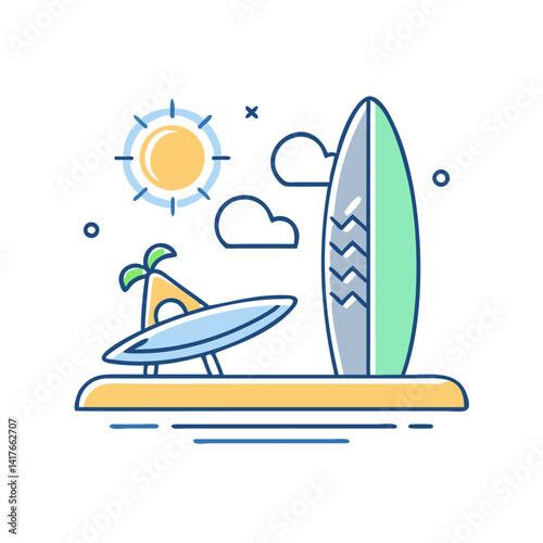 Beach and surfboard under sun, indicating seaside vacations. 