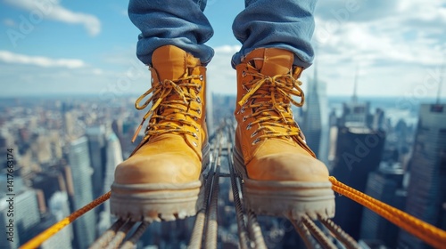 man in work boots and jeans on tall metal structure overlooking a blurred cityscape for construction safety blogs,urban research sites or risk-taking concepts.