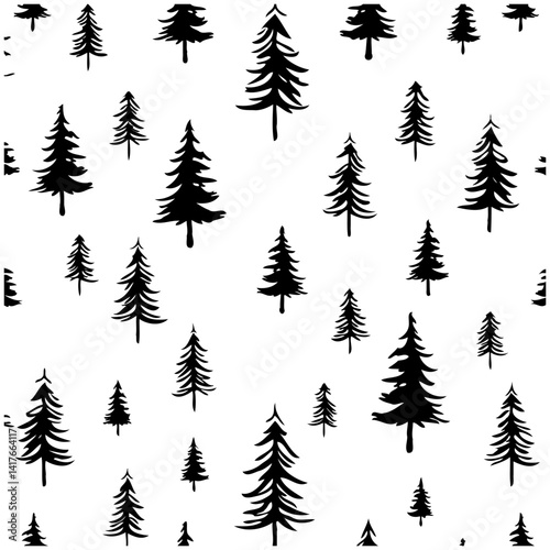Seamless monochrome conifers woodland background