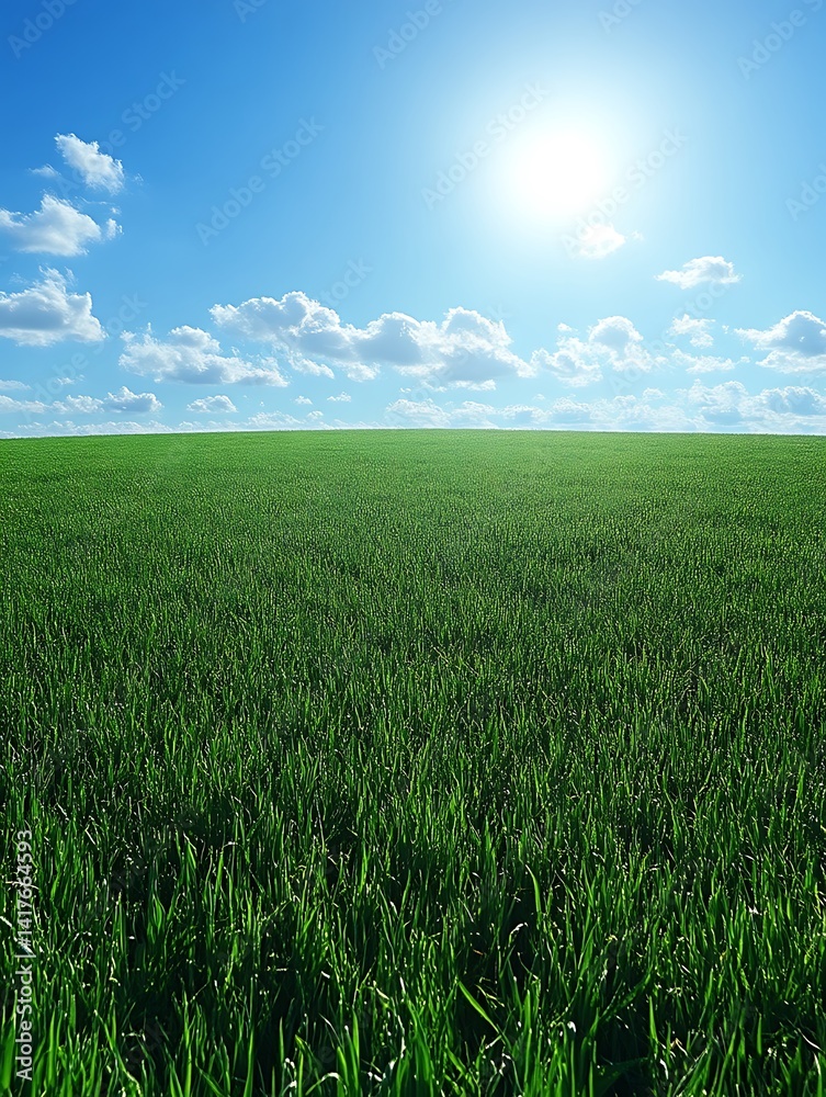 Obraz premium Green Grass Field Under Blue Sky with White Clouds on Sunny Day