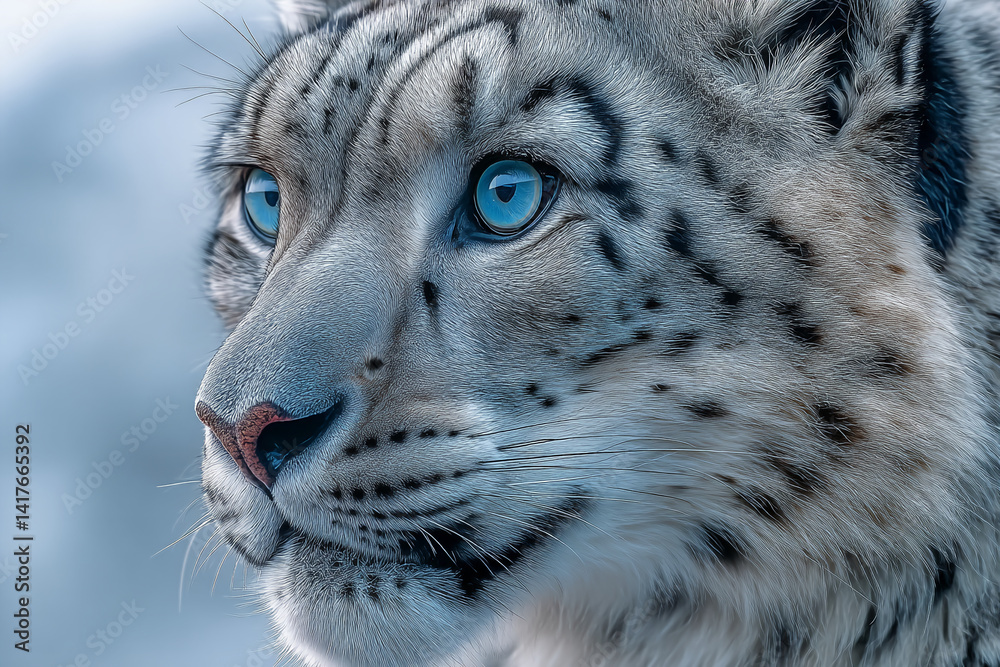 Fototapeta premium Close-up of snow leopard's face, showcasing its thick fur, blue eyes, and spotted pattern. Represents wildlife, nature, and animal beauty