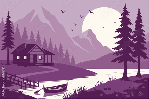 58 Purple mountain landscape, lakeside cabins, full moon, pine forest, reflective water, calm evening scene, wooden dock, small boat, silhouette of birds, ethereal light, gradient sky, cozy atmosphere