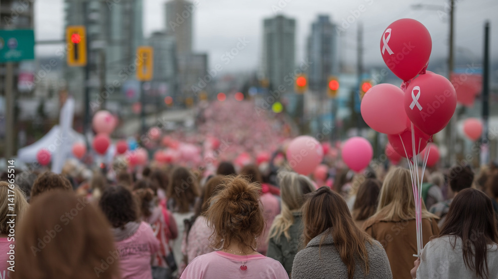 Back view of large female crowd walking in blurred city street during breast cancer awareness event wearing pink shirts and ribbons with pink balloons floating in warm daylight ceremony atmosphere