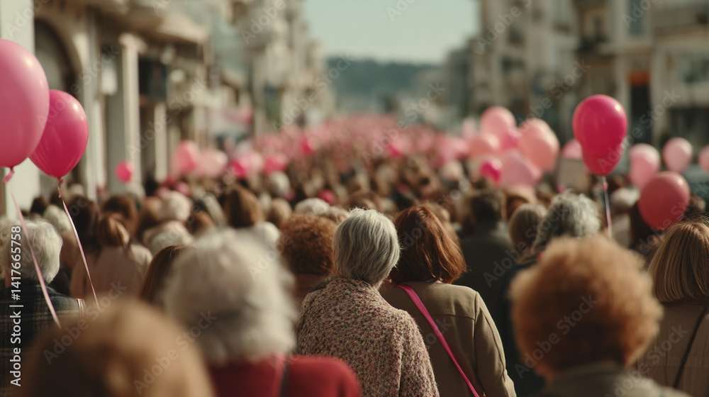 Back view of large female crowd walking in blurred city street during breast cancer awareness event wearing pink shirts and ribbons with pink balloons floating in warm daylight ceremony atmosphere