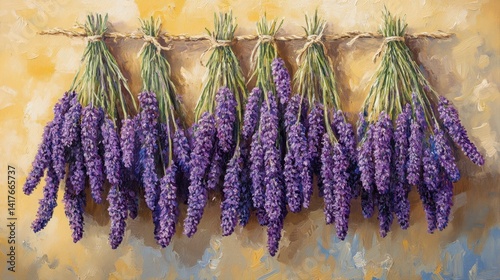 Beautifully Dried Lavender Bunches Hanged on a Natural Twine Against a Bright Yellow Wall Decor Background