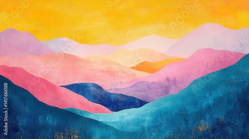 Abstract Landscape with Soft Pastel Colors and Gentle Mountains Under a Warm Yellow Sky