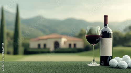 Elegant wine bottle and glass on golf course with balls and luxury home in soft background scenery