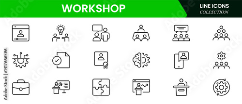 Set of Workshop and Coaching line icons. Outline icon collection related to training, coaching, mentoring, education, meetings, conferences, and teamwork.