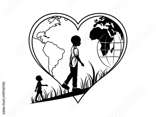 A child walks through a world of love and nature. A black and white silhouette illustration depicts a child walking through a heart-shaped world graphic, surrounded by a stylized tree.