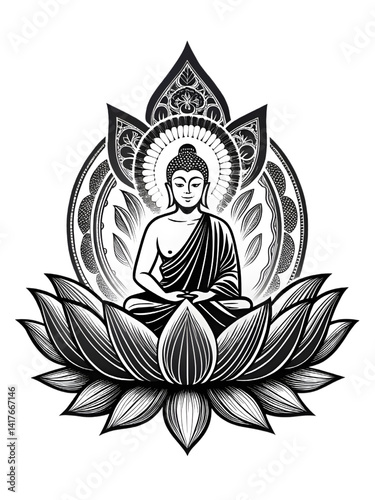 Vector art of a Buddha silhouette and a yoga lotus flower, a tribal design symbol