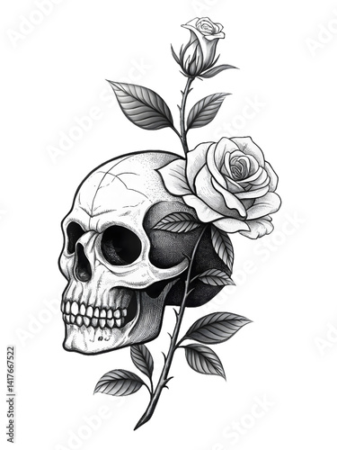 Vintage skull illustration with floral rose pattern, a gothic drawing symbolizing death and art