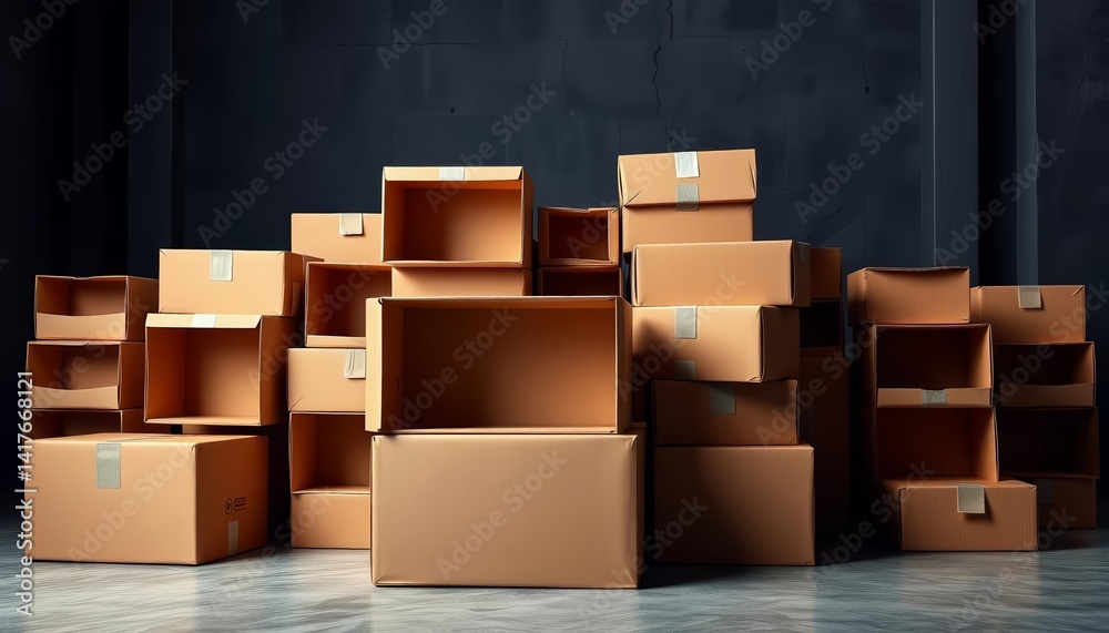 Fototapeta premium High stack of open cardboard boxes, ample empty space, storage, empty boxes