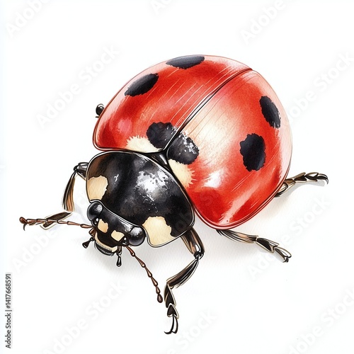 Watercolor painting of a seven-spot ladybird, highlighting its vibrant red elytra and contrasting black spots, set against a clean white backdrop