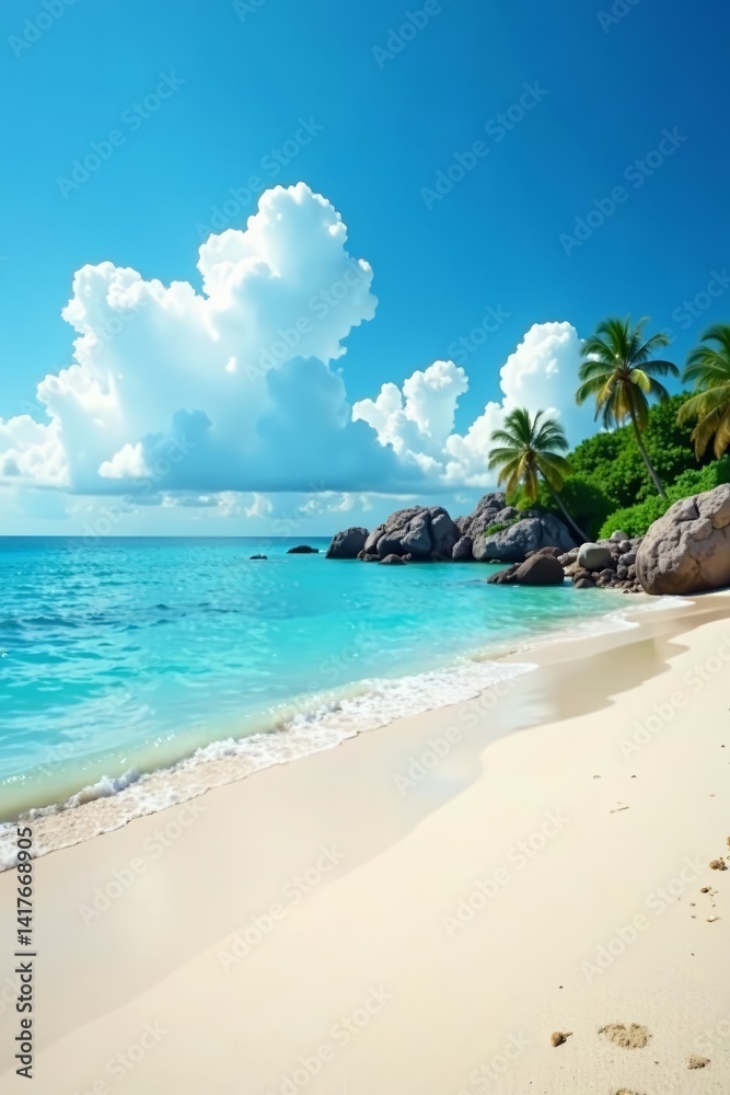 Fototapeta premium Idyllic beach scene with clear blue sky, white clouds, and calm ocean water, nature, sunshine