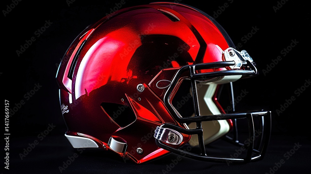 Fototapeta premium A gleaming crimson football helmet, a symbol of fierce competition and unwavering dedication, ready for the game's electrifying energy against a stark black backdrop.