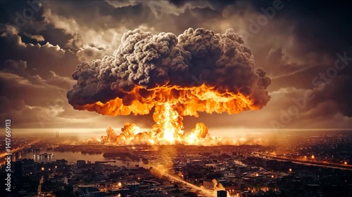Animation of a huge nuclear explosion over a city