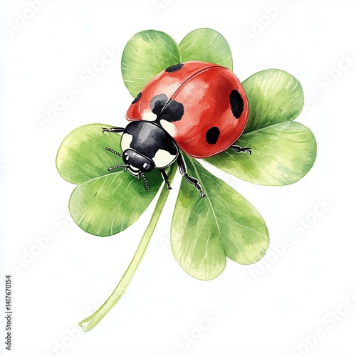 Ladybug perched on vibrant four-leaf clover, watercolor artwork capturing natural charm and lucky symbolism