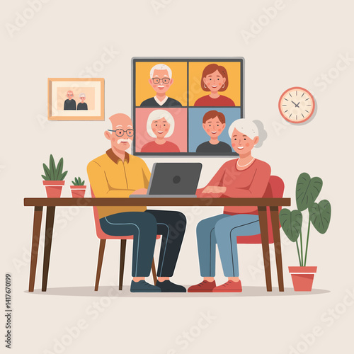 Elderly couple video chatting with family on laptop at home during social distancing
