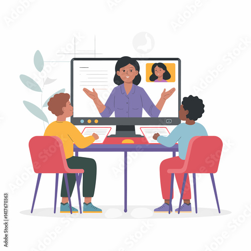 Students learning online with a tutor, virtual classroom setup illustration