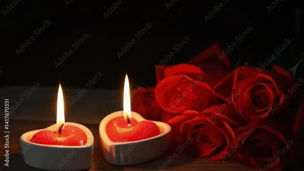 Romantic Still Life of Two Lit Heart Candles and Several Red Roses on a Wooden Surface