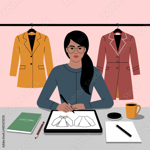 Fashion Designer Sketching Coat Designs in Studio with Hanging Garments