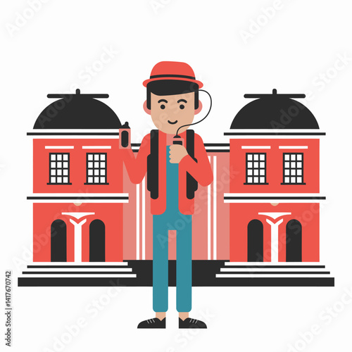 Flat Vector Illustration: Tour Guide With Walkie-Talkie in Front of Building