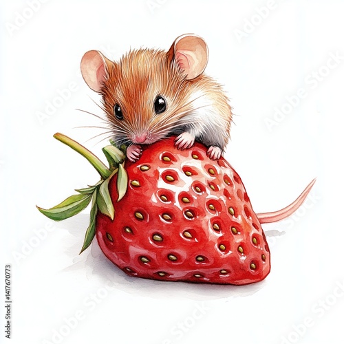 Adorable mouse embracing a juicy strawberry in a charming watercolor painting, perfect for children's books or nature-themed projects