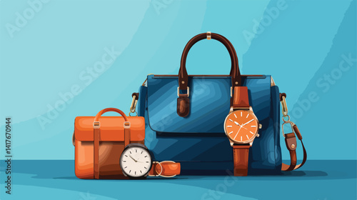 Elegant Bag and Watch with Accessories on Blue Background